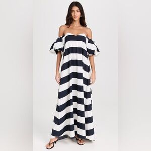 NWT Caroline Constas Palmer Maxi Dress in Black White Stripe Puff Sleeve Ruffle